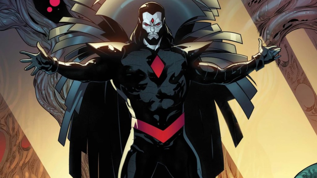 Mister Sinister standing with his arms outstretched in the Krakoan Arbor, with shafts of sunlight behind him