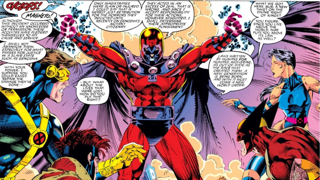 Magneto talking to Cyclops, Gambit, Wolverine, and Psylocke about the Acolytes