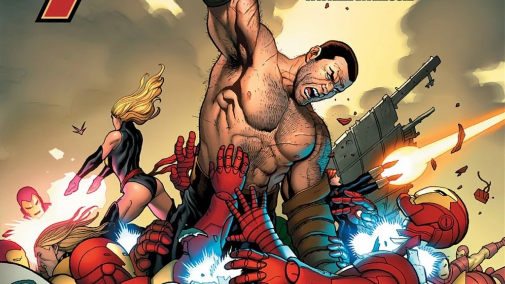Ares fighting Iron Man armors along with Wasp, Ms. Marvel, and Iron Man