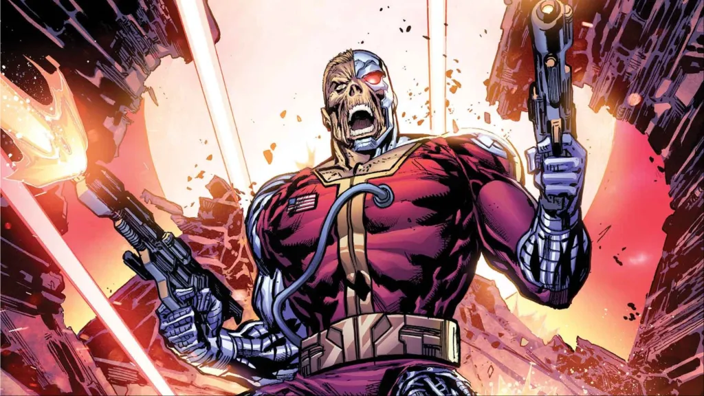 Deathlok firing his guns while yelling