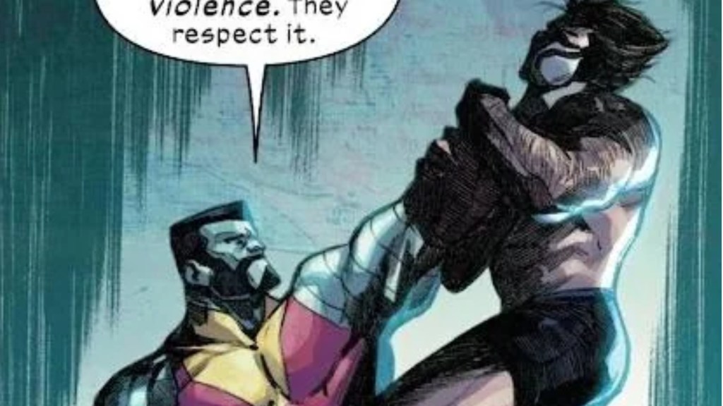 Ultimate Colossus holding up Ultimate Wolverine by the throat