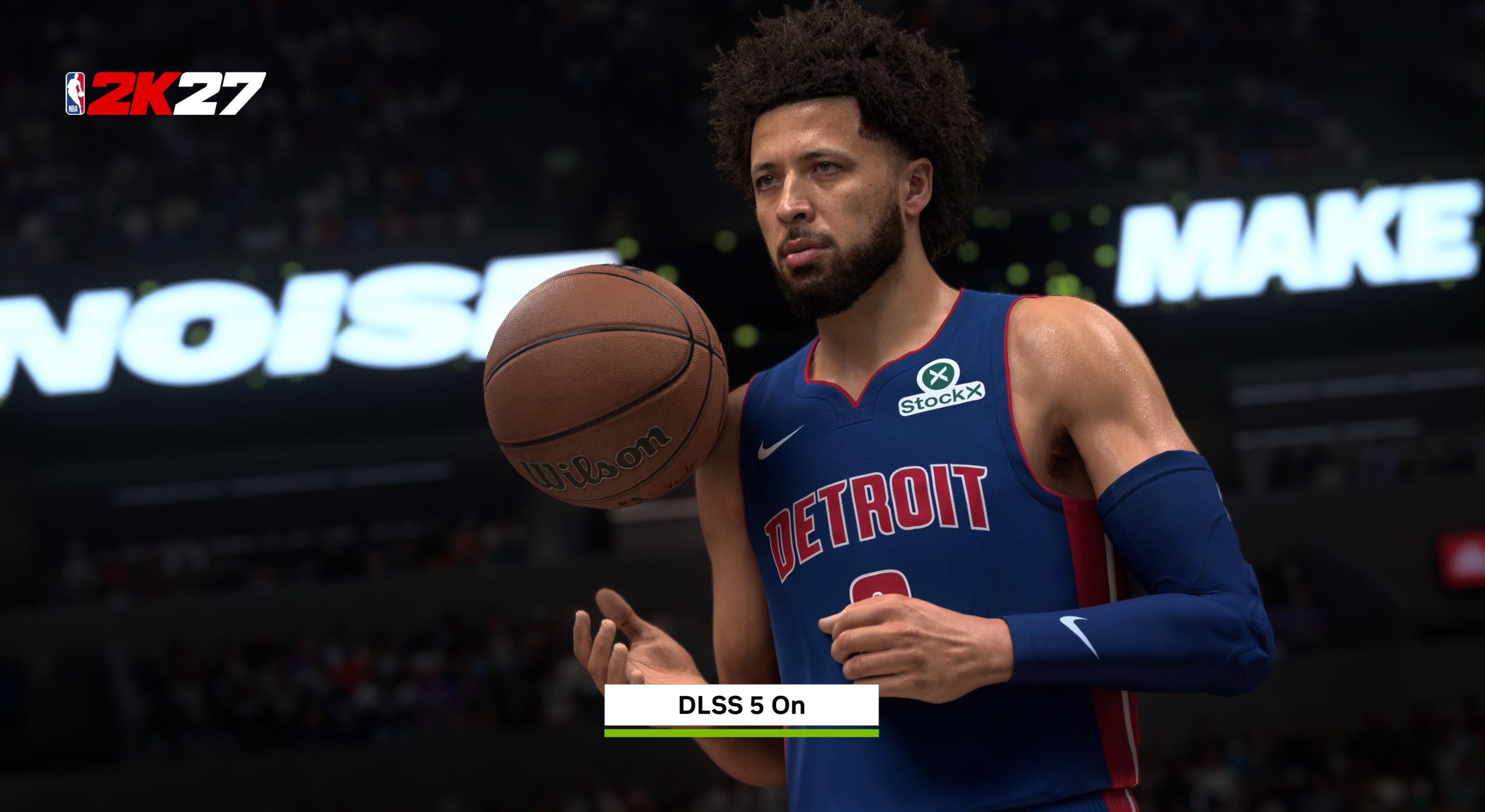 A basketball player wearing a Detroit jersey in NBA 2K27 holds a Wilson basketball, with 'DLSS 5 On' shown at the bottom.