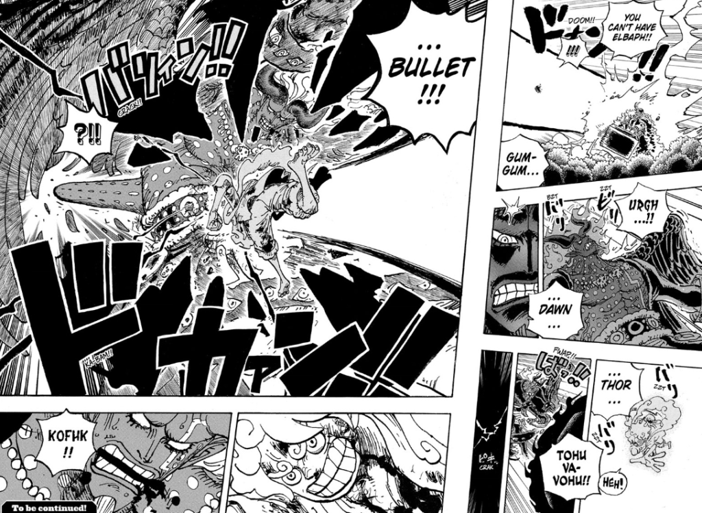 Luffy uses Gomu Gomu no Dawn Thor Bullet against Imu in One Piece Chapter 1192.