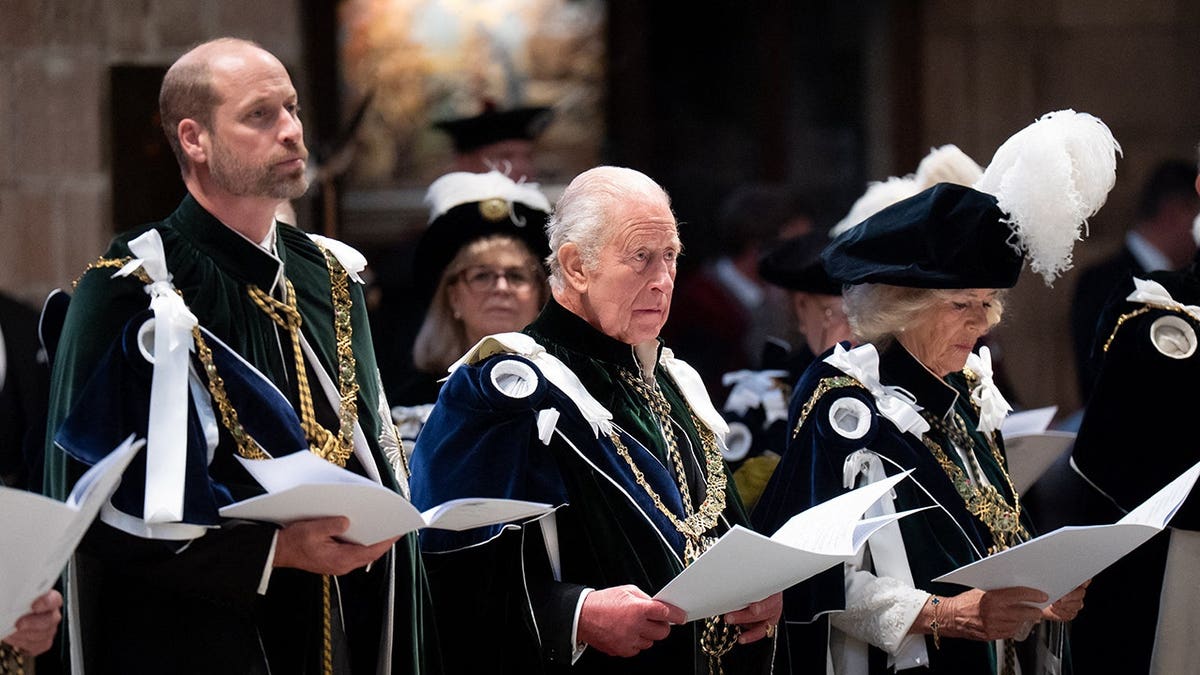 Prince William, King Charles and Queen Camilla sitting in royal robes together.