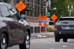Signs notify cars of Interstate 5 and 84 detours on the first full day of southbound I-5 closures through the Rose Quarter for five weeks in Portland, Ore., on Sept. 12, 2026.