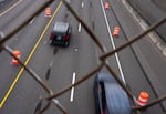 Cars drive on the Interstate 5, just north of the I-5 southbound closures through the Rose Quarter for five weeks, on the first full day of closures in Portland, Ore., on Sept. 12, 2026.