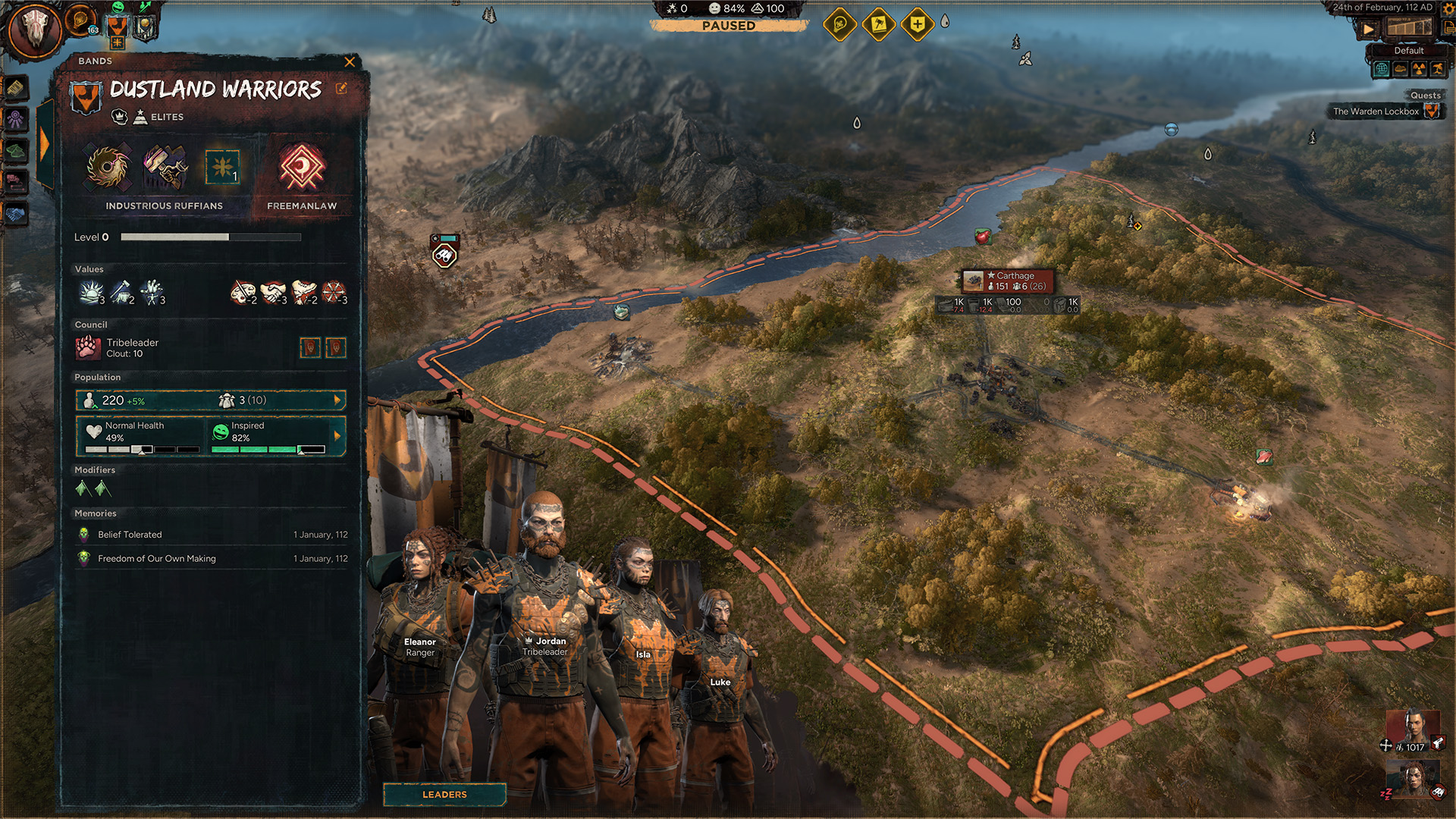 The game screen shows the clan management interface for 'Dustland Warriors' in a strategy game, featuring in-game characters including Jordan, Eleanor, Isla, and Luke, with detailed stats and modifier information on the left panel.