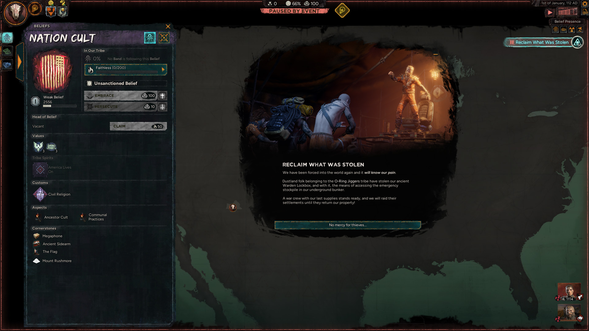 A gaming interface from the game showing the Nation Cult belief system screen with options to 'Embrace' or 'Persecute,' and a narrative event titled 'Reclaim What Was Stolen' on the right.