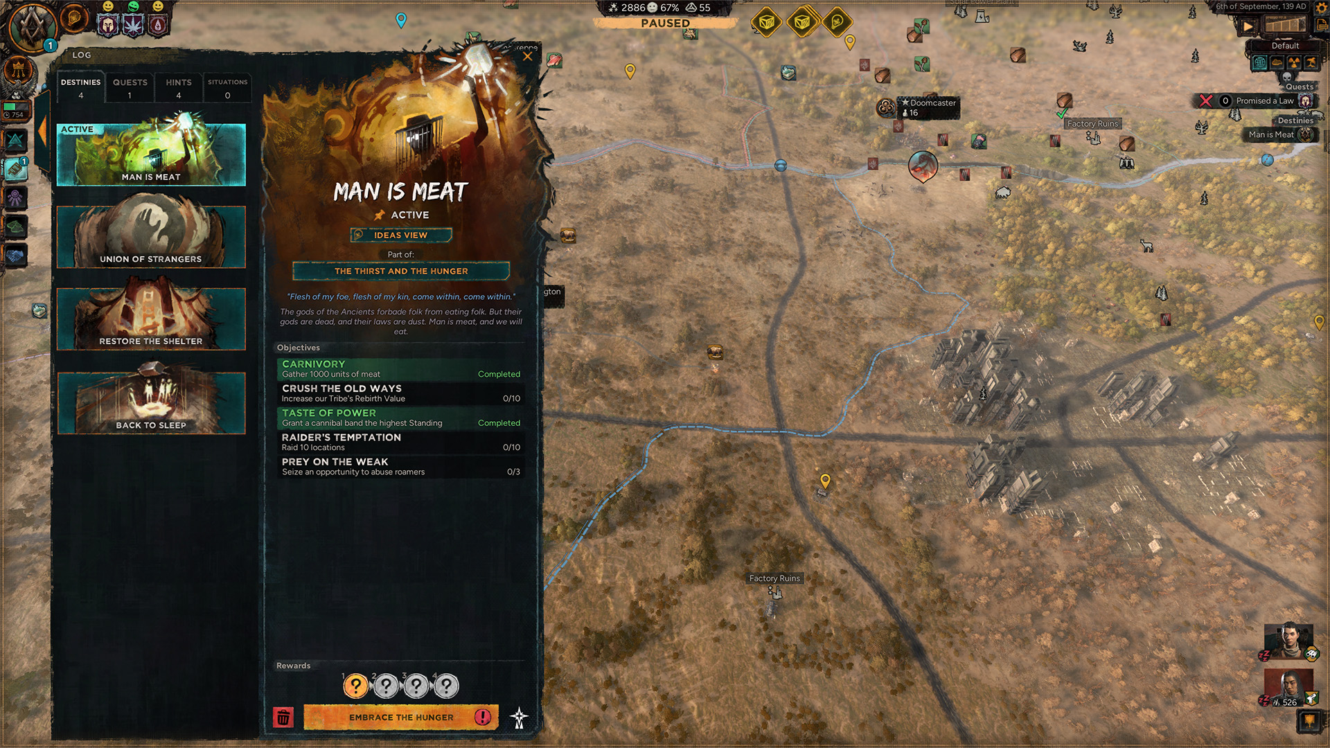 A game screen from Against the Storm showing the quest menu with 'Man is Meat' active, objectives listed like 'Carnivory' and 'Crush the Old Ways,' and a map with locations like 'Factory Ruins' marked.
