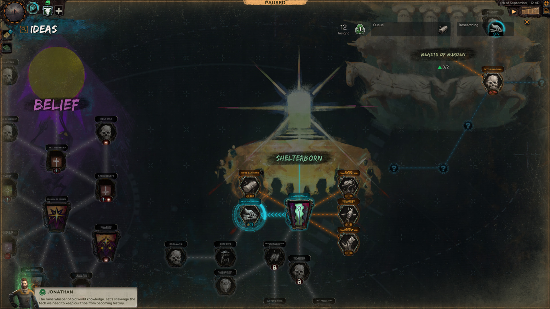A screenshot from a video game shows a skill tree labeled 'Belief' with selectable nodes such as 'The True Belief' and 'Shelterborn,' along with a character message from Jonathan stating, The ruins whisper of old world knowledge.