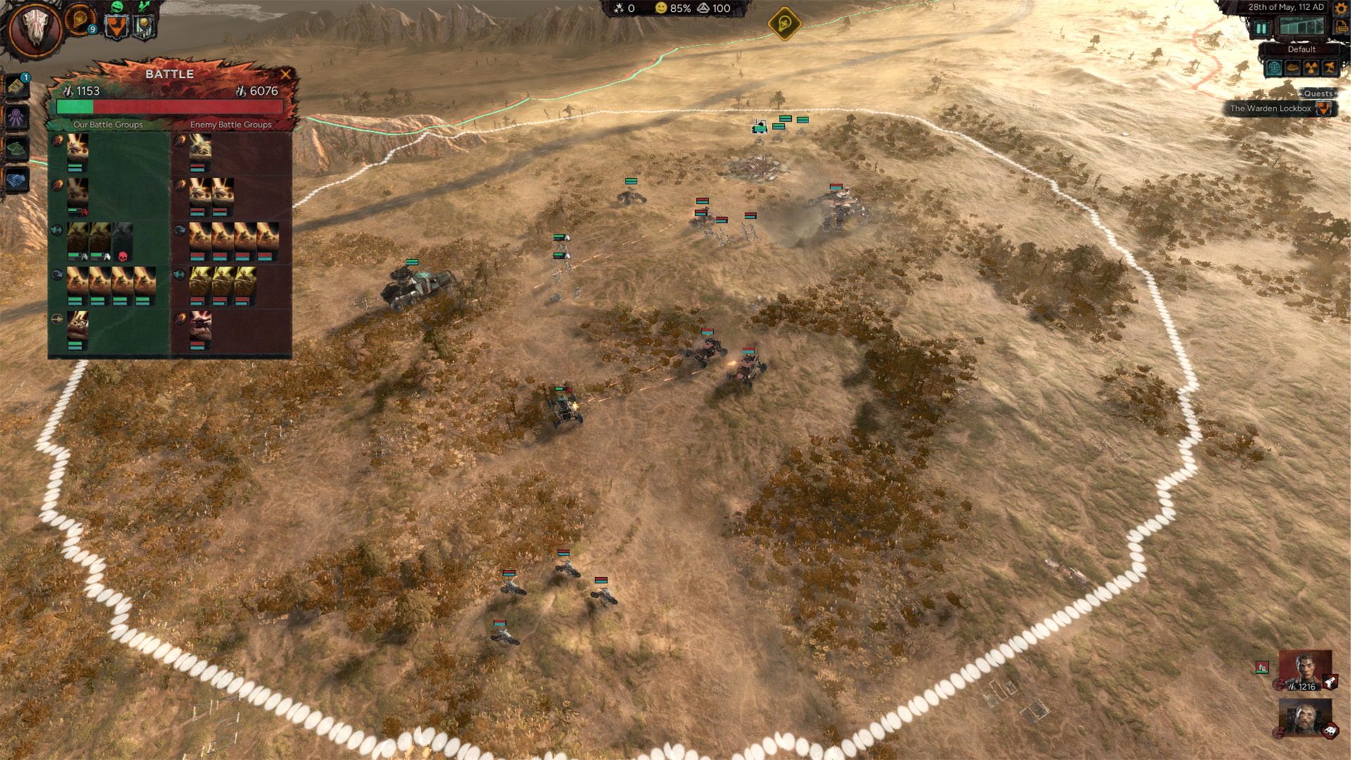 A strategy game screen shows a battle overview with troop details, displaying 'Battle, Our Battle Groups 1153, Enemy Battle Groups 6076,' on a desert terrain map with several military units engaged.