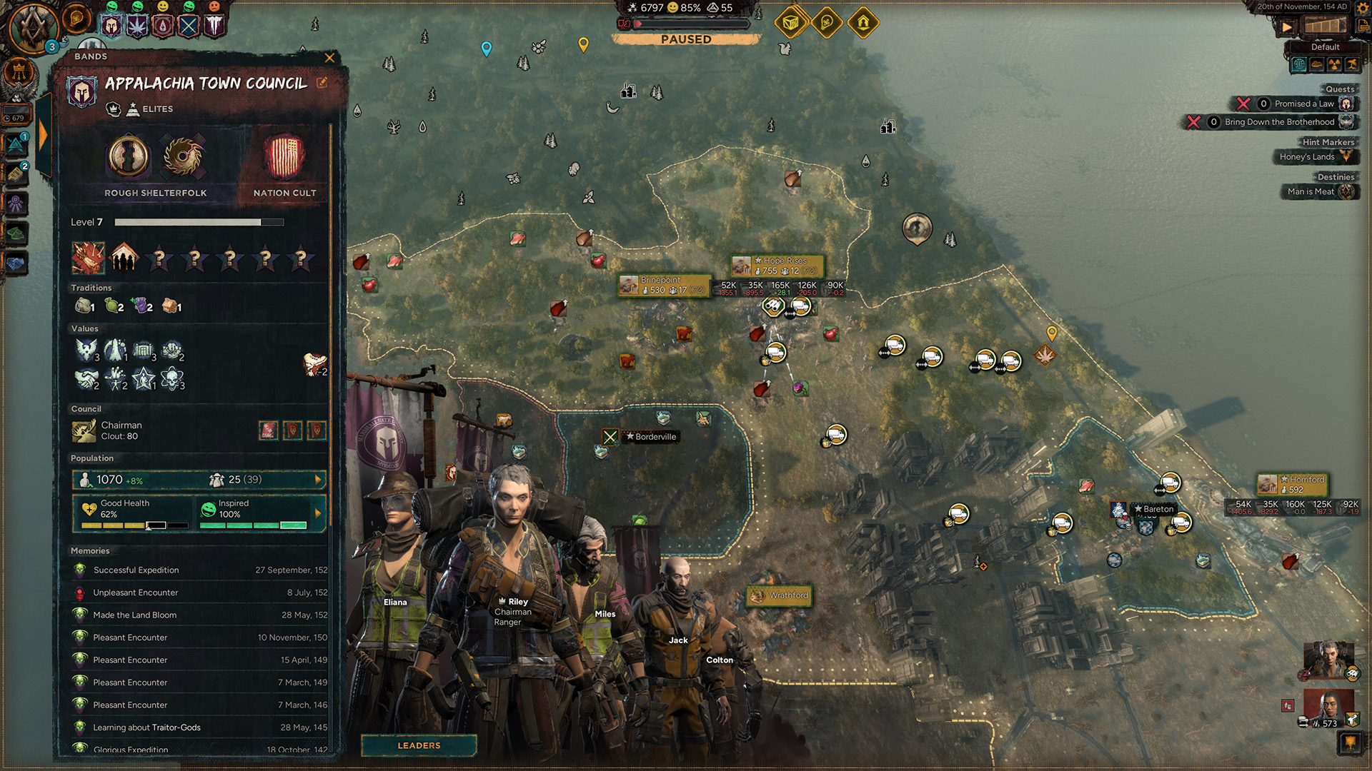 The game interface of Appalachia Town Council displays a detailed map with a leader named Riley, showcasing population statistics and territories with various icons and data such as 'Level 7' and '1070+8%'.