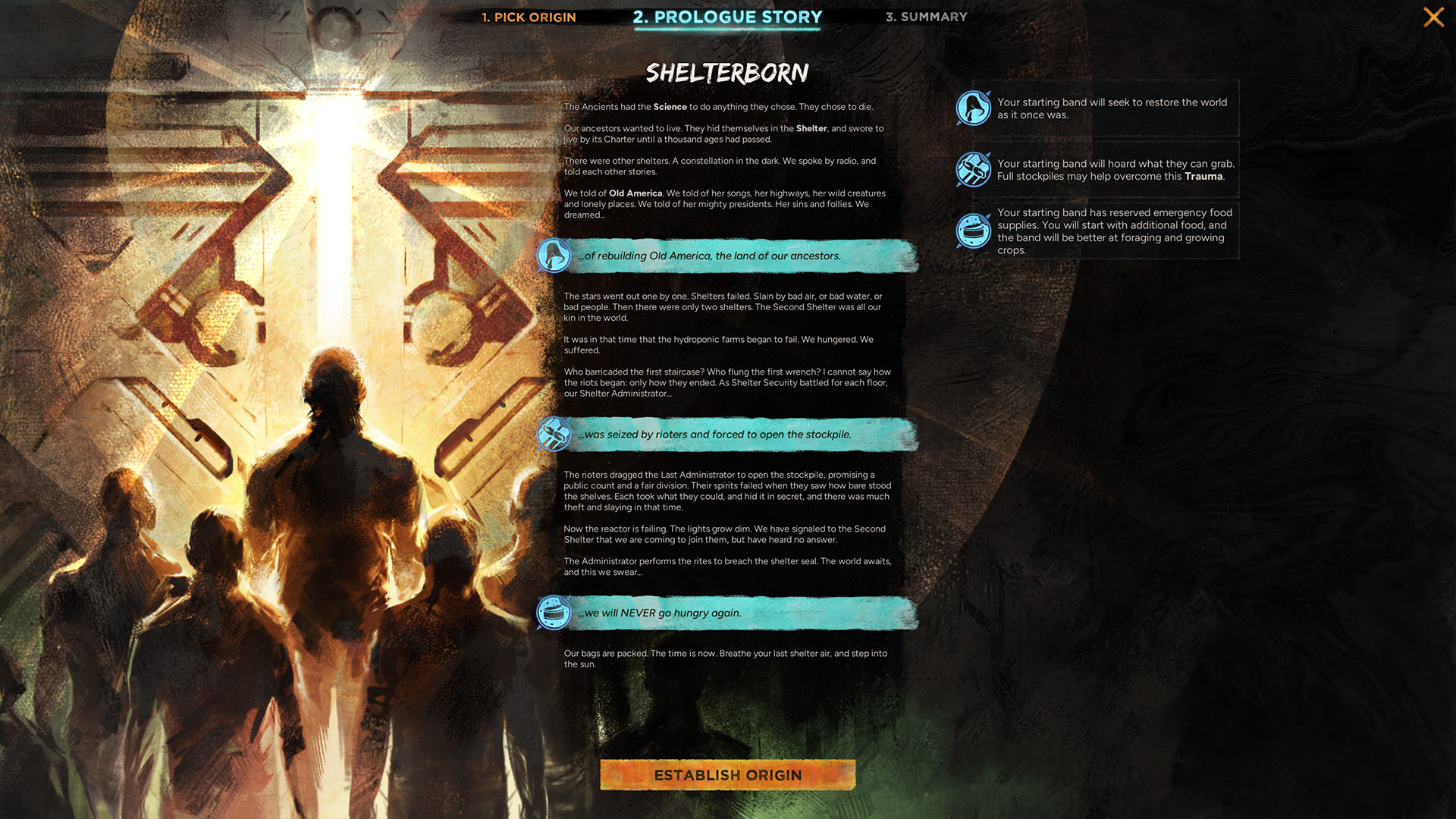 A group of silhouetted figures is facing a bright light with the text 'SHELTERBORN' and narrative options visible, including 'of rebuilding Old America' and 'we will NEVER go hungry again.'