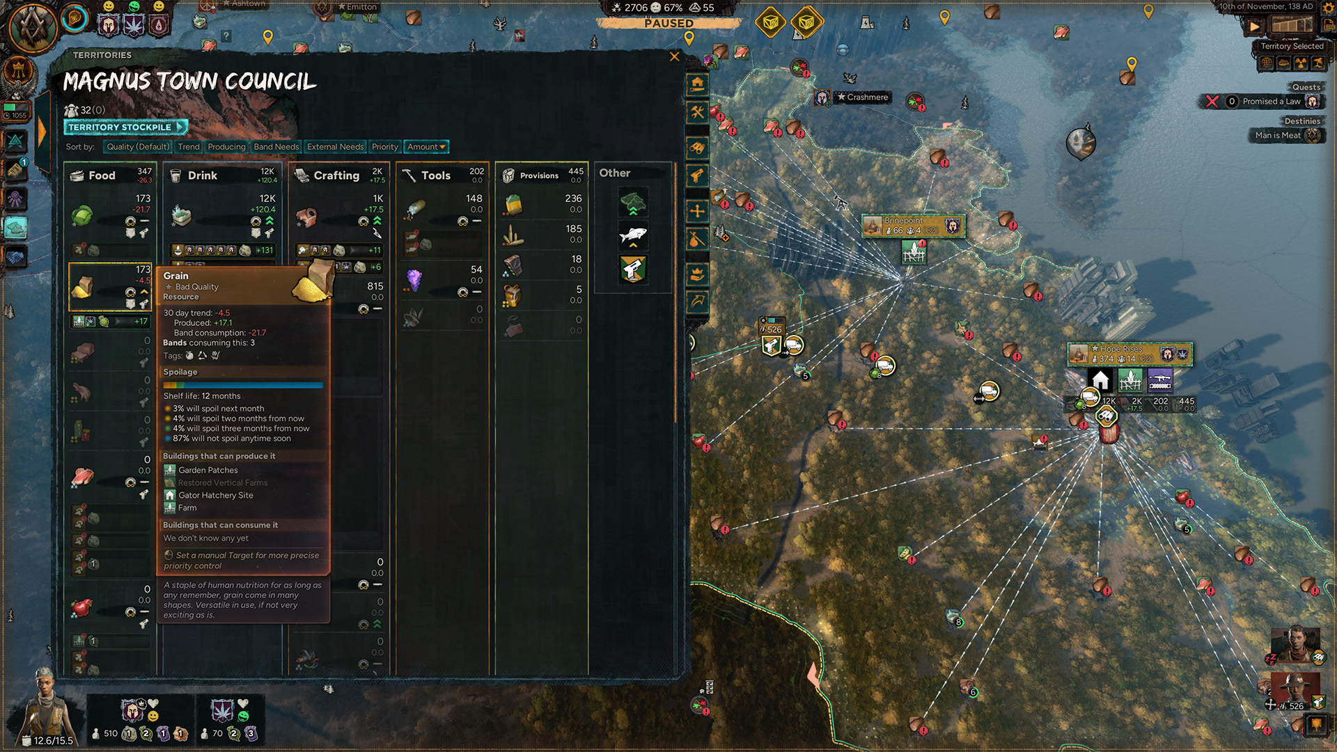The game interface of Farthest Frontier shows a resource management screen for 'Magnus Town Council' with detailed information about food, drink, and crafting supplies, and a map displaying settlements and trade routes.