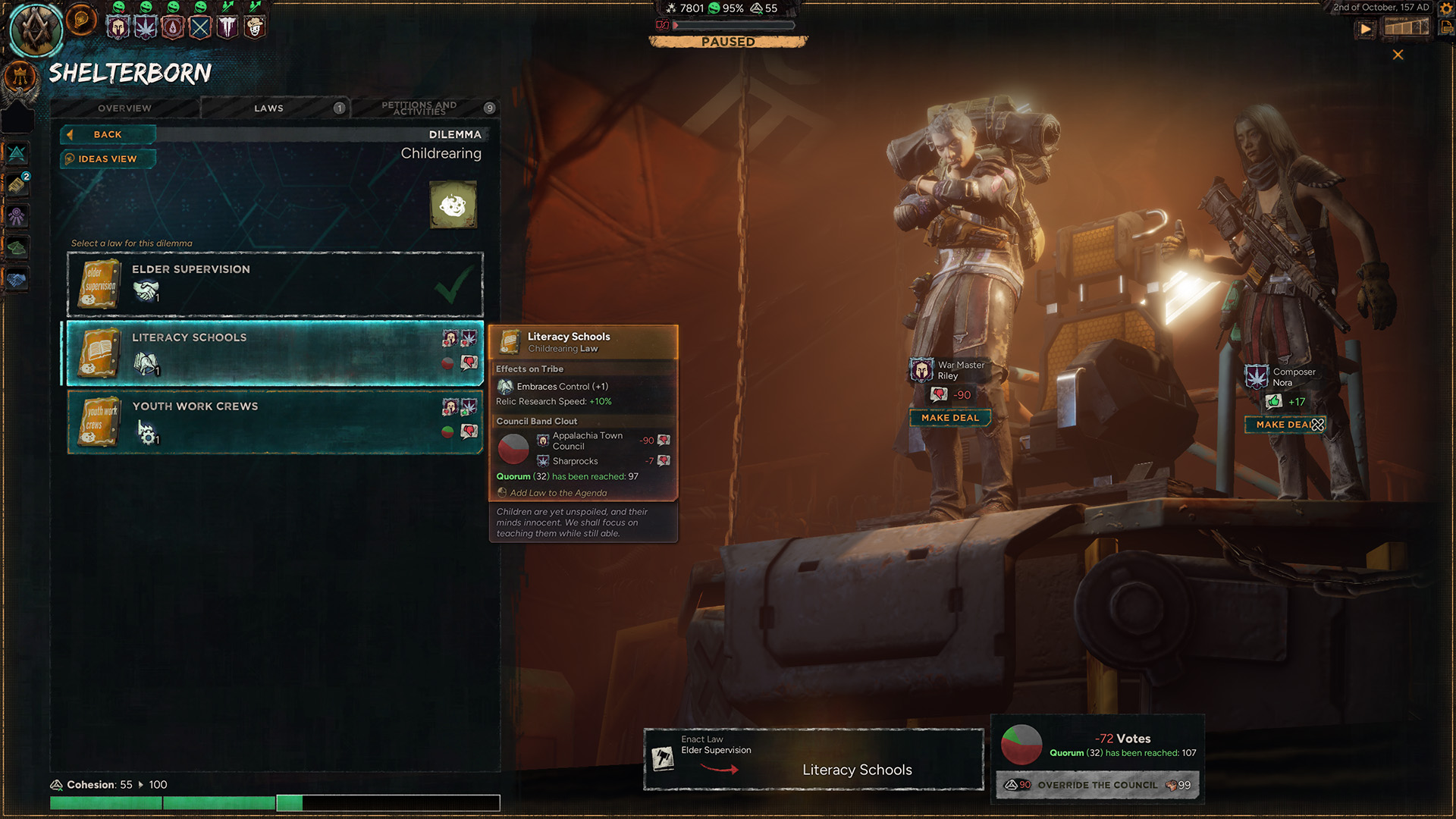 The game 'Shelterborn' features a menu titled 'Laws' under the 'Childrearing' dilemma, highlighting options like 'Elder Supervision' and 'Literacy Schools,' with characters War Master Riley and Composer Nora ready to 'Make Deal.'