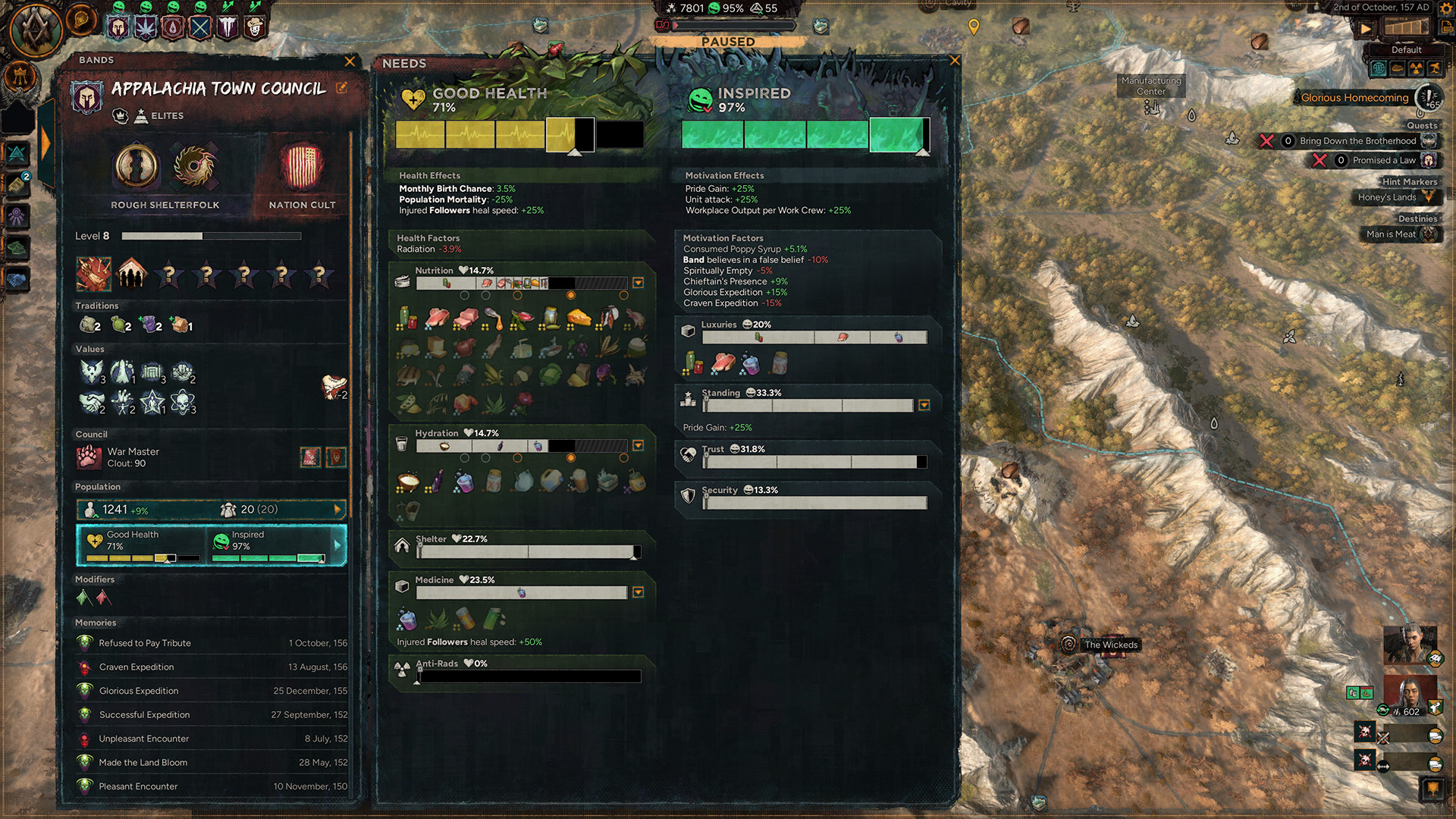 The screenshot from a strategy game interface shows the 'Appalachia Town Council' band details, including council members and health statistics, overlaid on a map with a quest titled 'Bring Down the Brotherhood'.