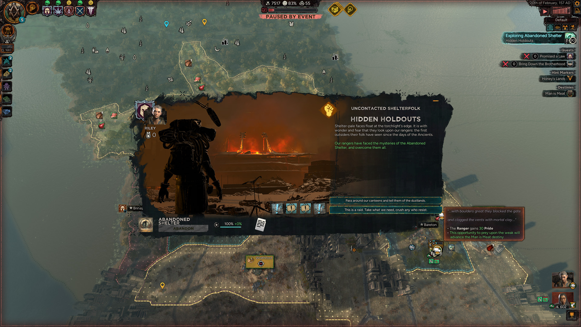 A strategic screen from the game The Iron Oath shows a map with icons and text including 'Hidden Holdouts' next to a large silhouette, with options for decision making at the bottom and a text prompt offering a raid.