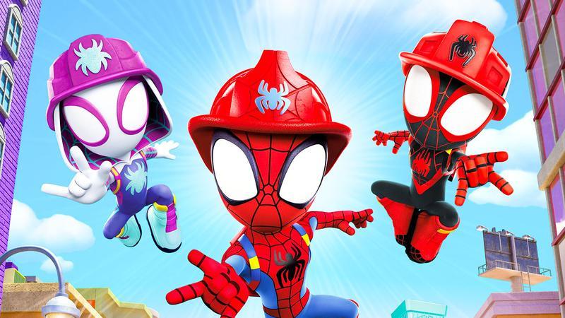 Spider-Man, Ghost-Spider, and Miles Morales in Spidey and His Amazing Friends Season 5, Rescue Webs.