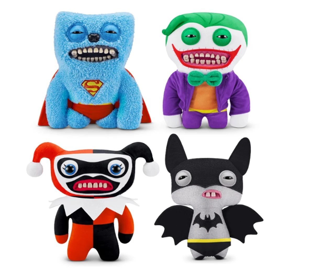 Fuggler plushies of Superman, Batman, Joker, and Harley Quinn.