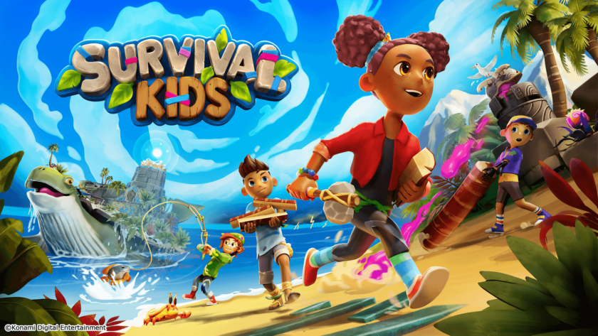 Colorful promotional artwork for the video game Survival Kids, showing four children adventuring on a vibrant tropical island. In the foreground, a girl with curly hair in pigtails runs energetically while holding a bundle of wood and an axe. Behind her, a boy carries planks, another girl casts a fishing rod catching a fish, and another boy rolls a large log. To the left, a giant sea turtle with an island on its back emerges from the ocean. The island features palm trees, waterfalls, and a large stone structure. The scene is full of movement, bright colors, and a sense of fun and exploration. Published on: LadiesGamers.
