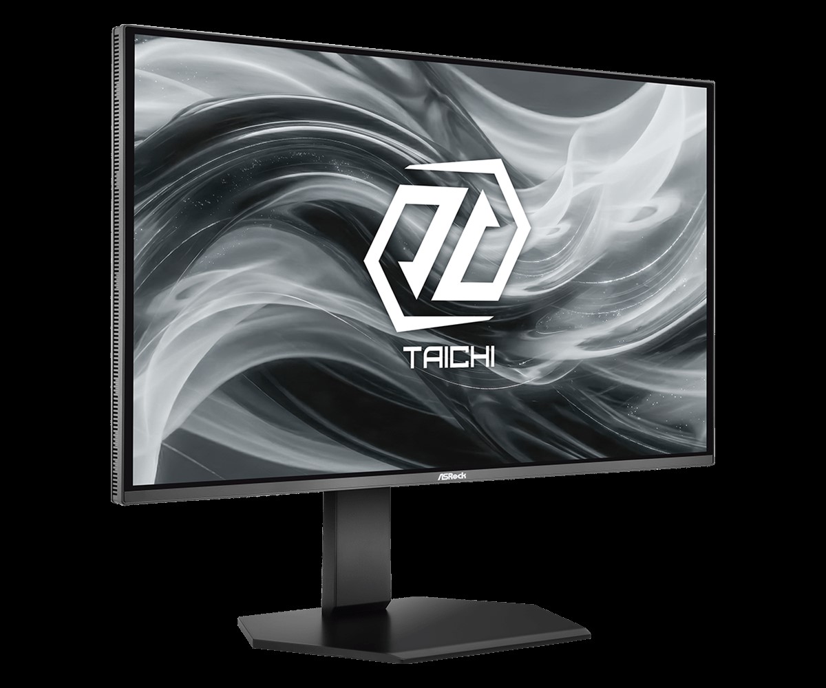 An ASRock monitor displaying the 'TAICHI' logo on its screen.