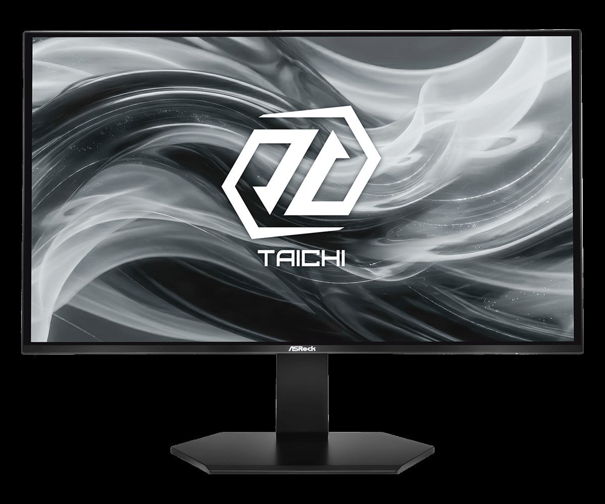 An ASRock monitor displaying the Taichi logo and swirling black and white graphics.
