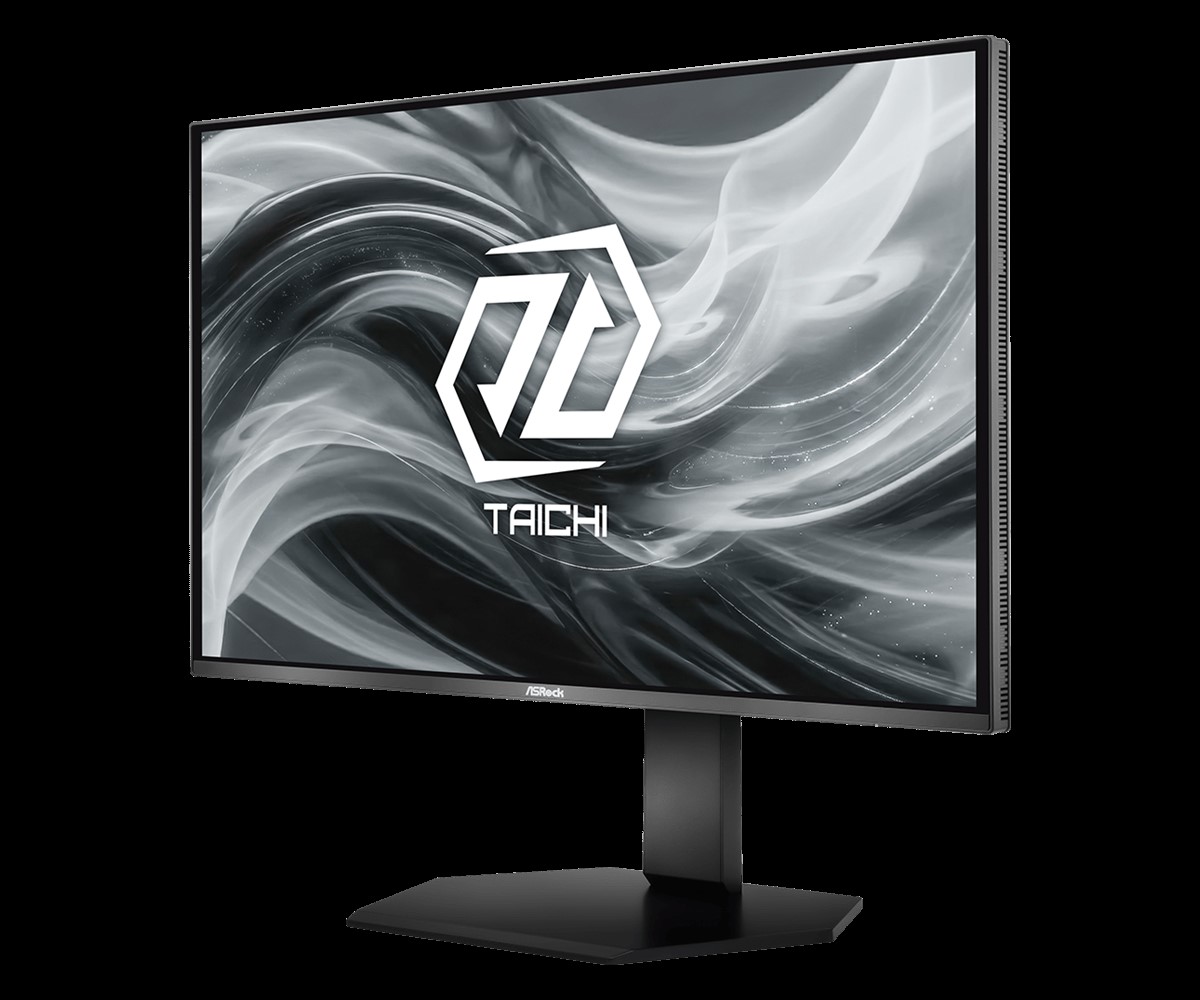 An ASRock Taichi monitor displaying a swirling black and white design with the 'TAICHI' logo on the screen.