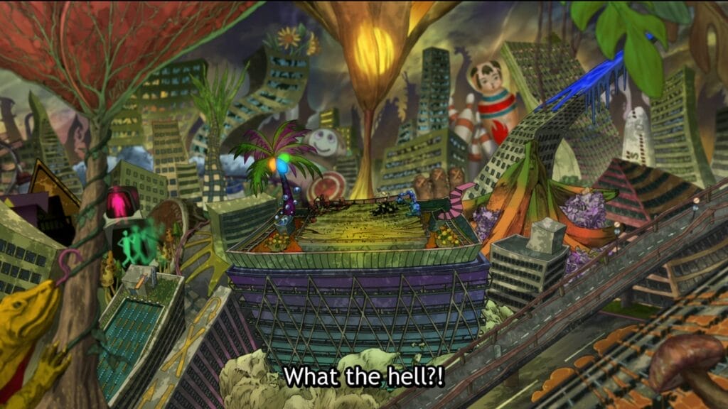 A zoomed out shot showing a reality-warped Tokyo, with garish colours, strange shapes, and distorted buildings. Subtitle text reads: What the hell?!