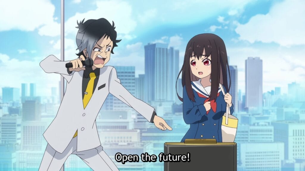Pontaro, a man in a white suit, pointing aggressively at the button that will activate the 7G network and shouting at Yoka, who looks afraid. Subtitle text reads: Open the future!