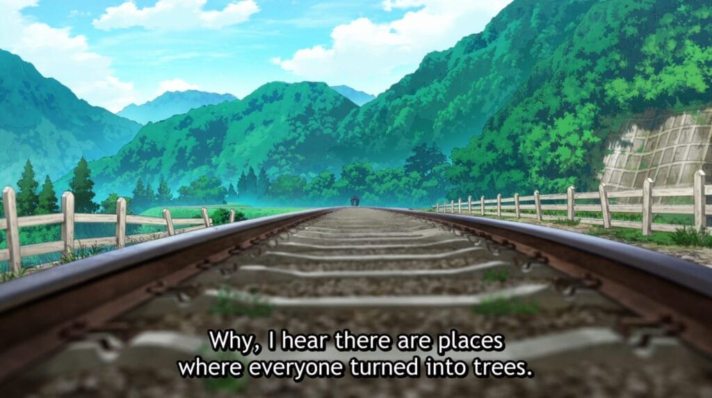Screenshot from Train to the End of the World showing a closeup of a train track and the mountainous horizon behind it. Subtitle text reads: Why, I hear there are places where everyone turned into trees.