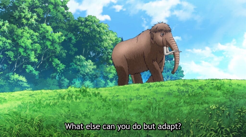 Screenshot from Train to the End of the world showing a woolly mammoth wandering through overgrown countryside. Subtitle text reads: All you can do is adapt.