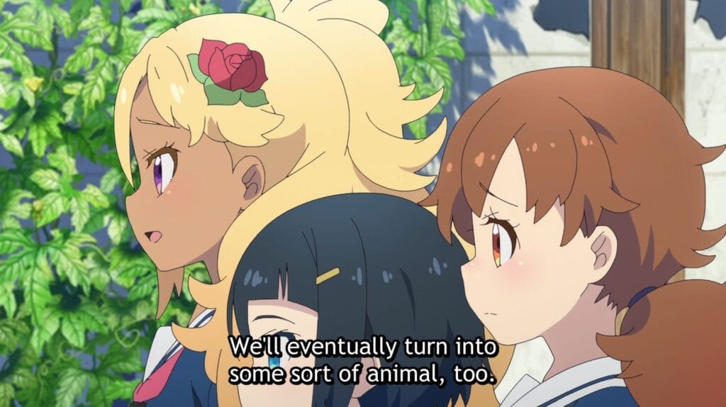 Closeup of three human characters looking sadly off into the distance. Subtitle text reads: We'll eventually turn into some sort of animal, too.
