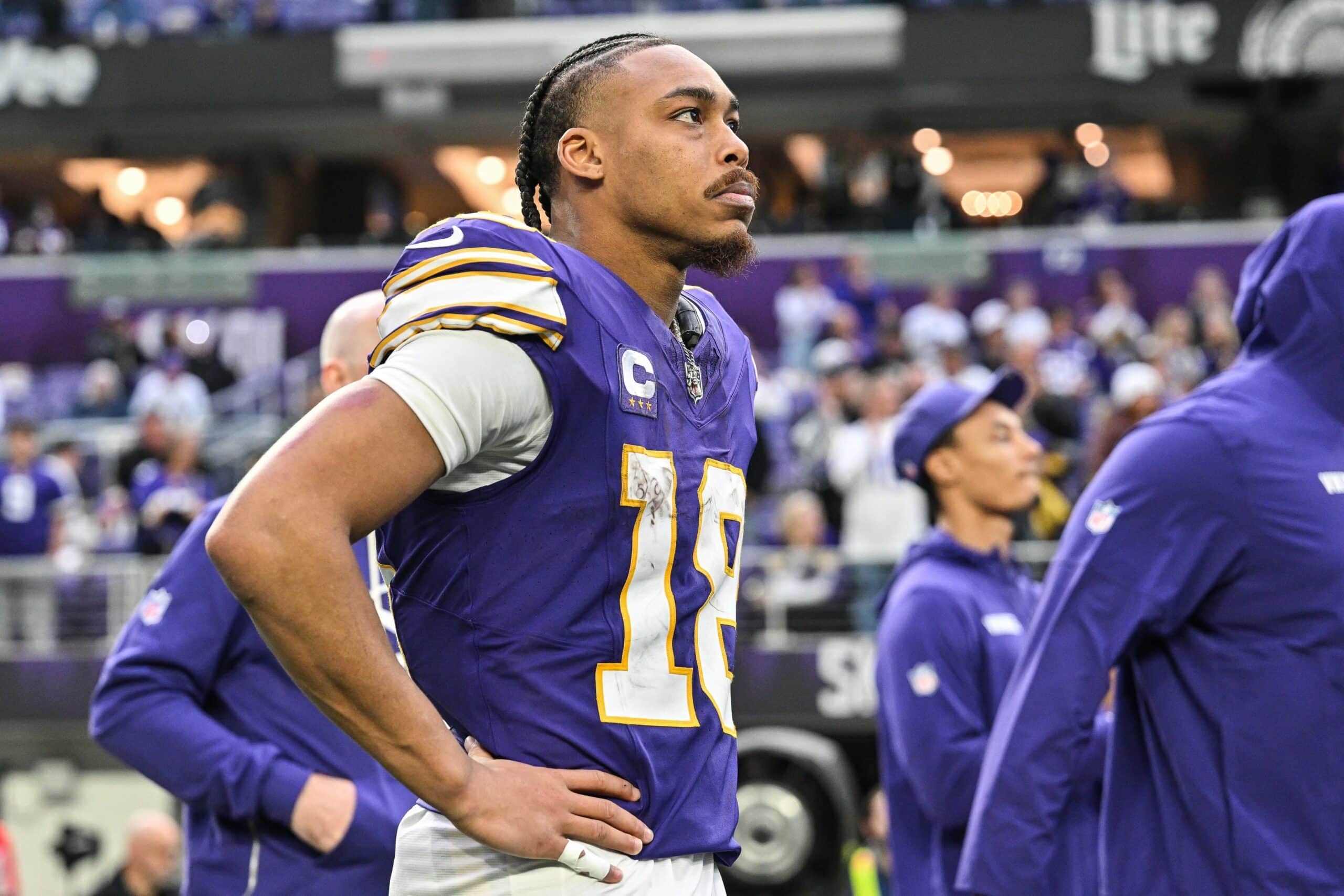 Minnesota Vikings wide receiver Justin Jefferson (18) looks on after the game against the Green Bay Packers at U.S. Bank Stadium.