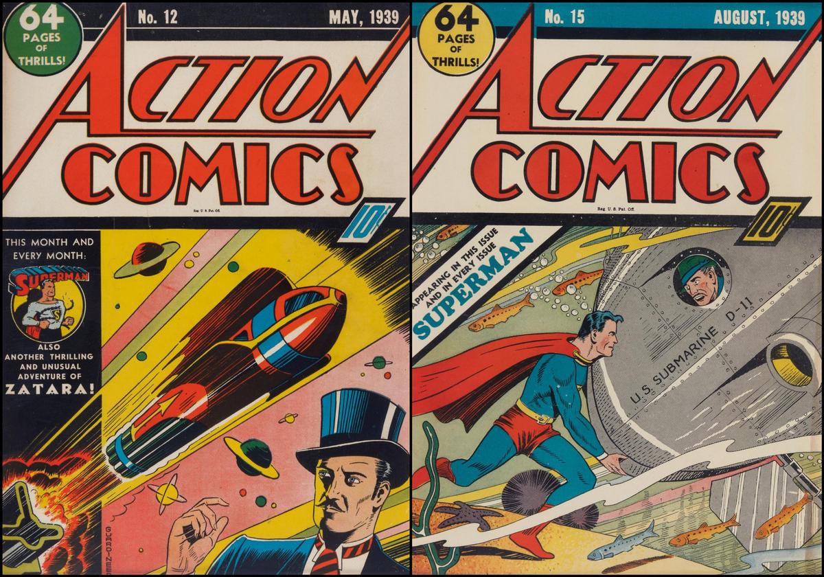 The covers of two Action Comic books that were from the same collection as the Superman comic book that was recently sold at auction for $9.12 million.