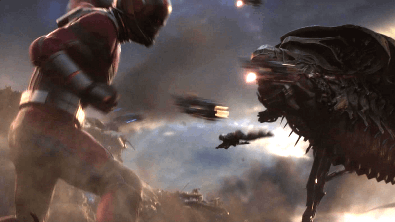 A giant-sized Ant-Man charging at a Chitauri Leviathan in Avengers: Endgame.