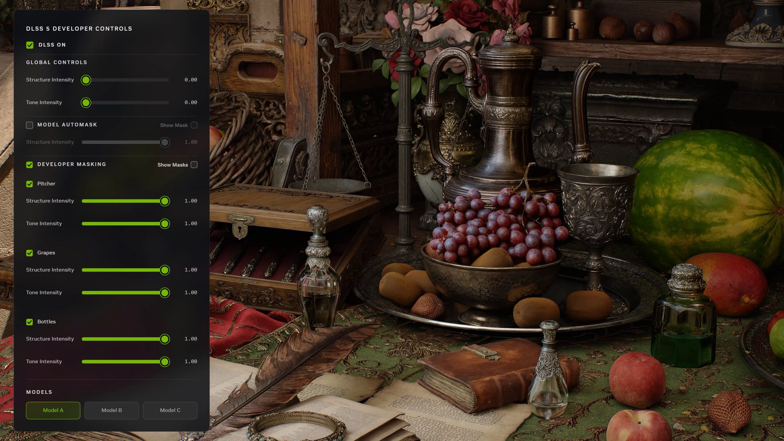 A digital interface labeled 'DLSS 5 Developer Controls' overlays a detailed still life scene featuring fruits and ornate containers, with options like 'DLSS On' and sliders for 'Structure Intensity' and 'Tone Intensity.'