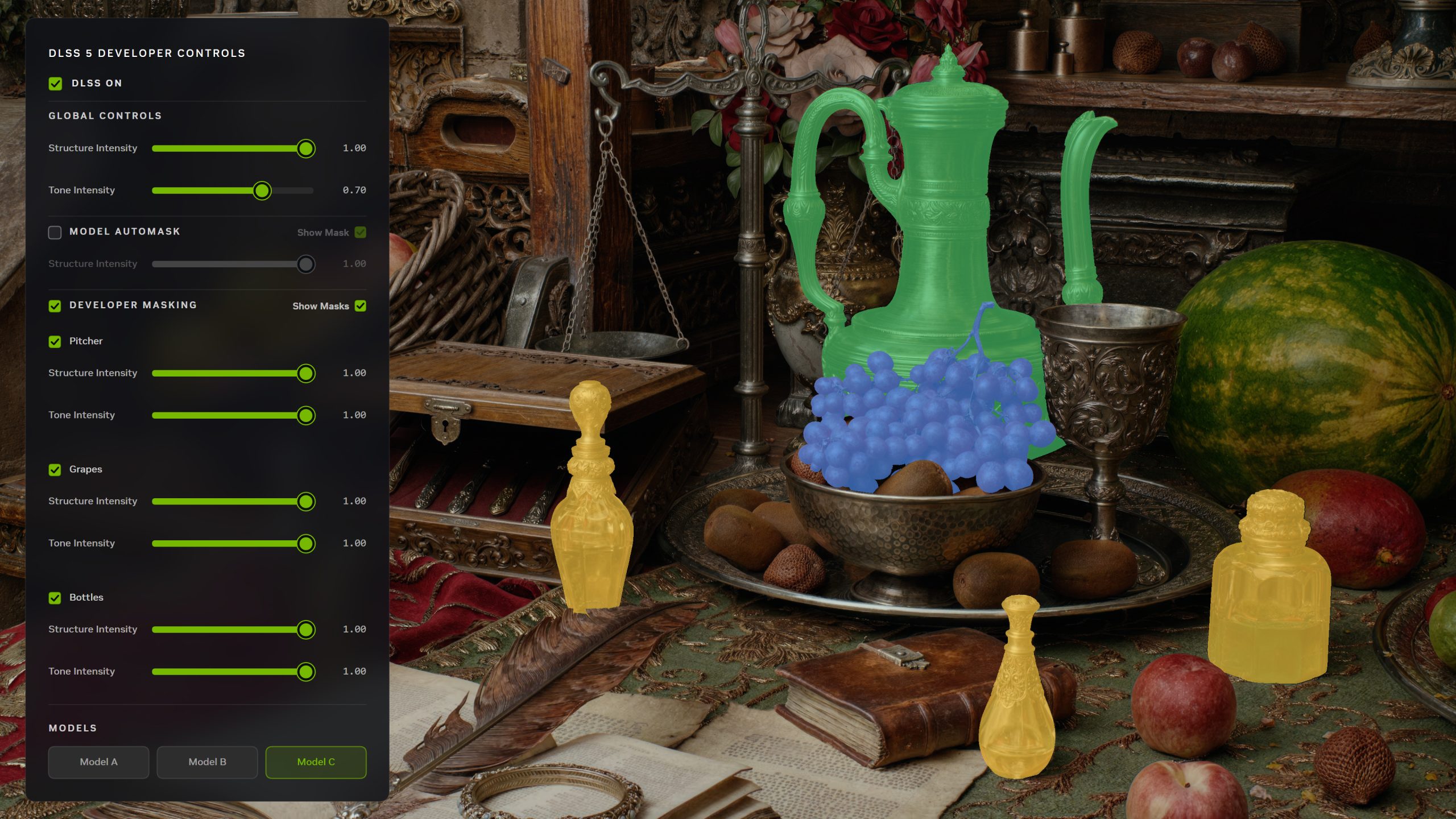 The image shows a DLSS 5 developer controls panel on the left with settings for 'DLSS On' and 'Developer Masking' options, alongside a vintage still life scene with color-coded items such as a green pitcher and blue grapes.