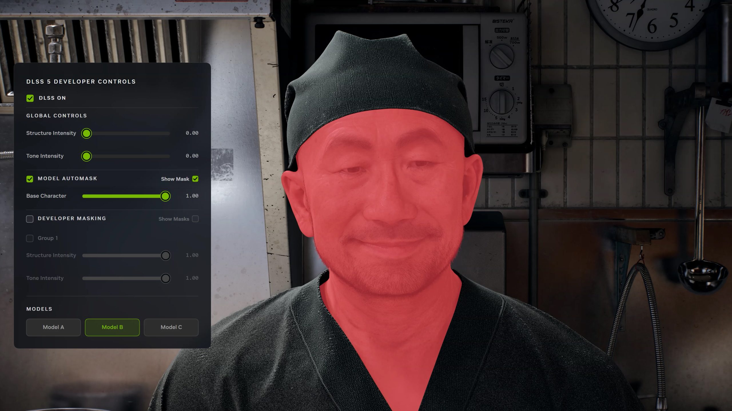 A DLSS 5 developer controls interface is overlayed on the image of a person with a red mask effect, highlighting options like 'DLSS On' and 'Model Automask' with settings for structure and tone intensity.