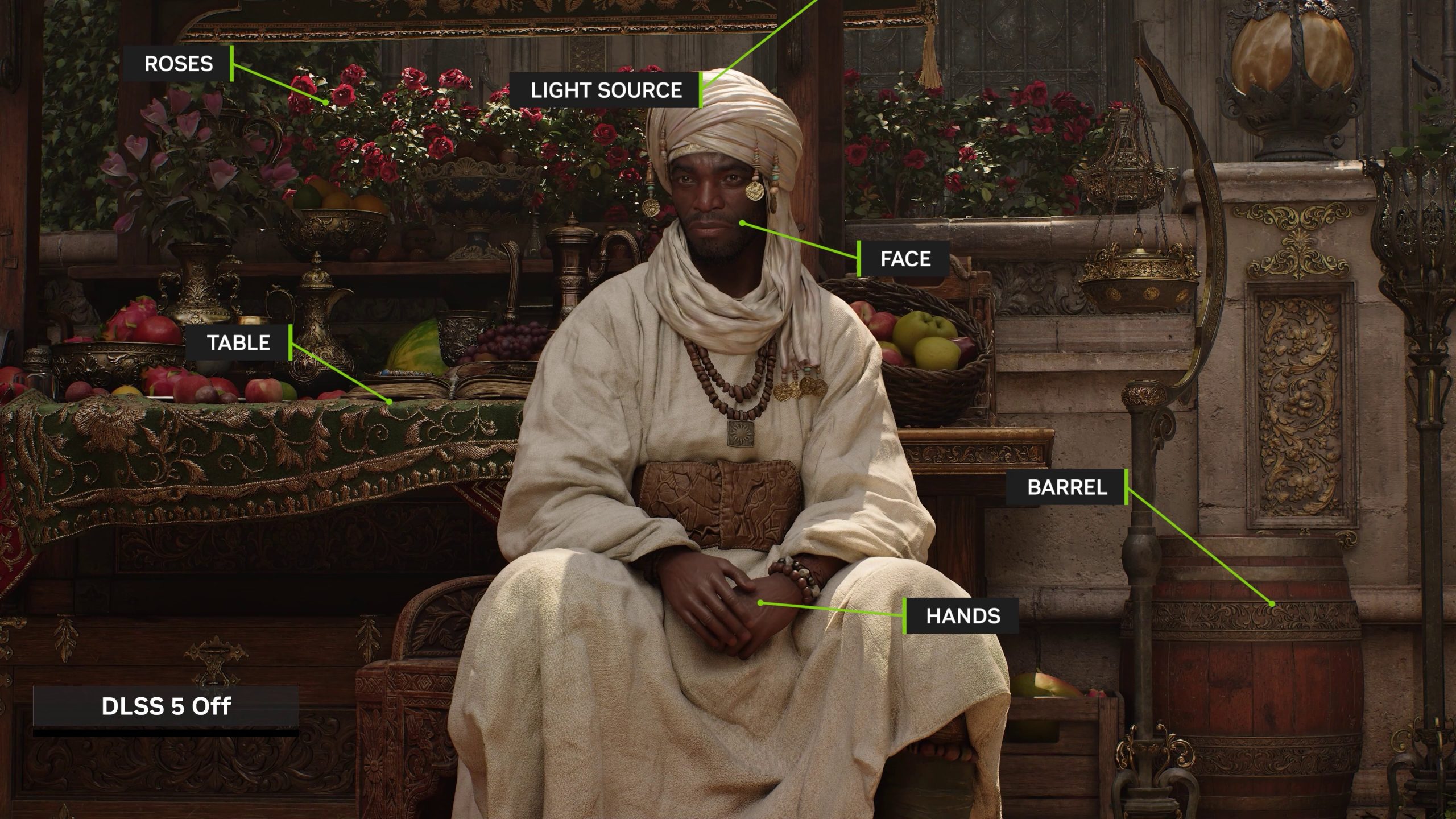 A scene from a game visual comparison labeled 'DLSS 5 Off' showing a man in traditional attire sitting in a detailed, ornate setting with labeled elements such as 'ROSES,' 'TABLE,' 'LIGHT SOURCE,' 'FACE,' 'HANDS,' and 'BARREL.'