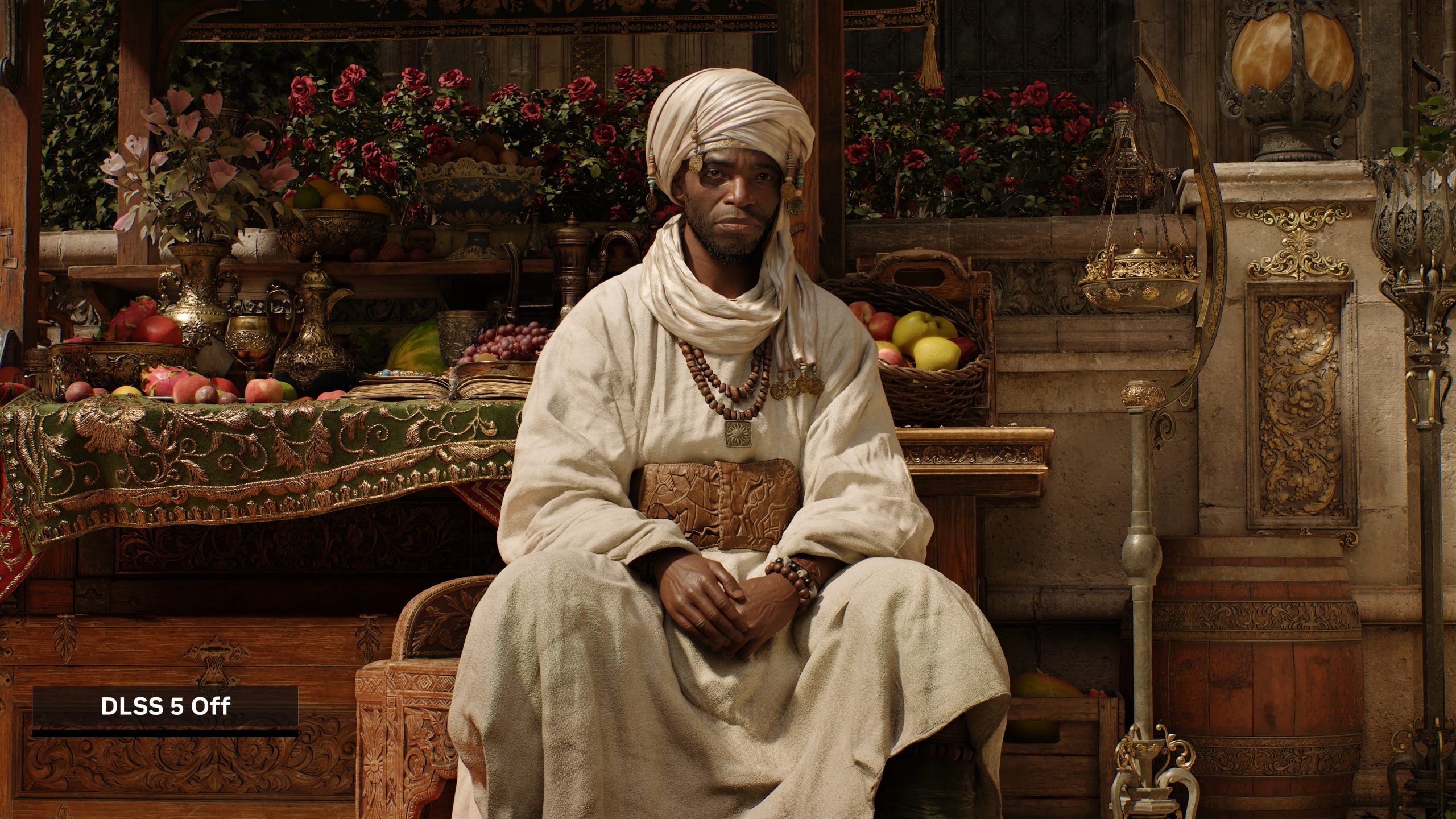 A character in a detailed medieval marketplace setting with fruits and ornate items, labeled 'DLSS 5 Off' at the bottom.