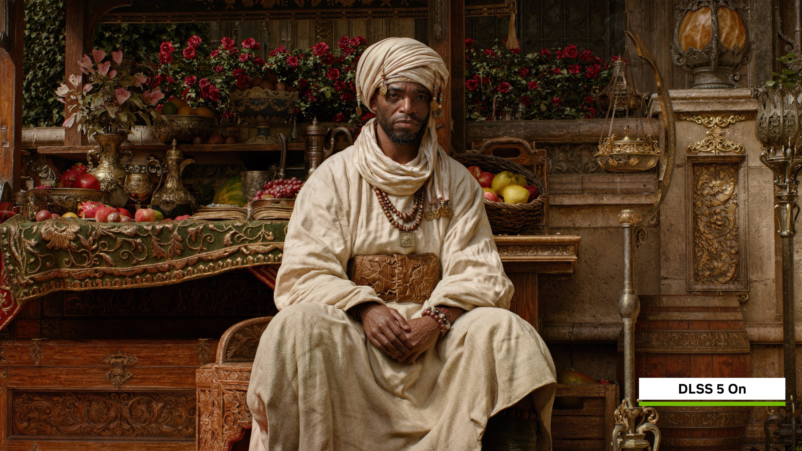 A man in traditional attire is seated in an intricately decorated setting with various fruits and ornaments, with the on-image text stating 'DLSS 5 On'.