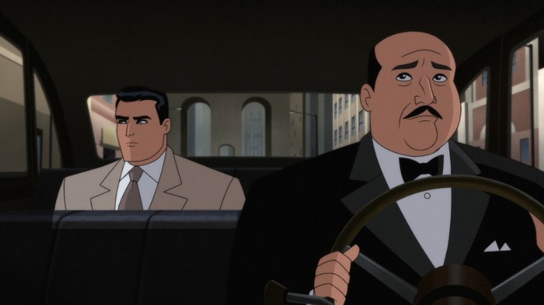 Alfred driving Bruce's car while he sits in the back on Batman: Caped Crusader S1E3