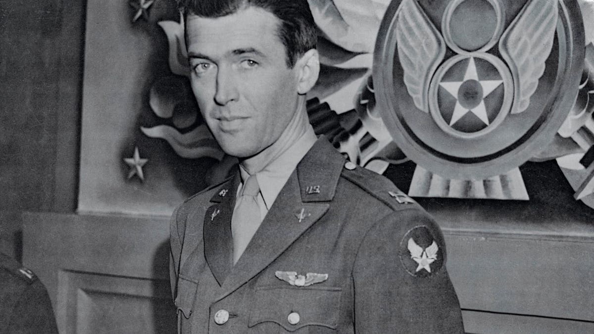 Captain James Stewart in military uniform commanding a bomber squadron.