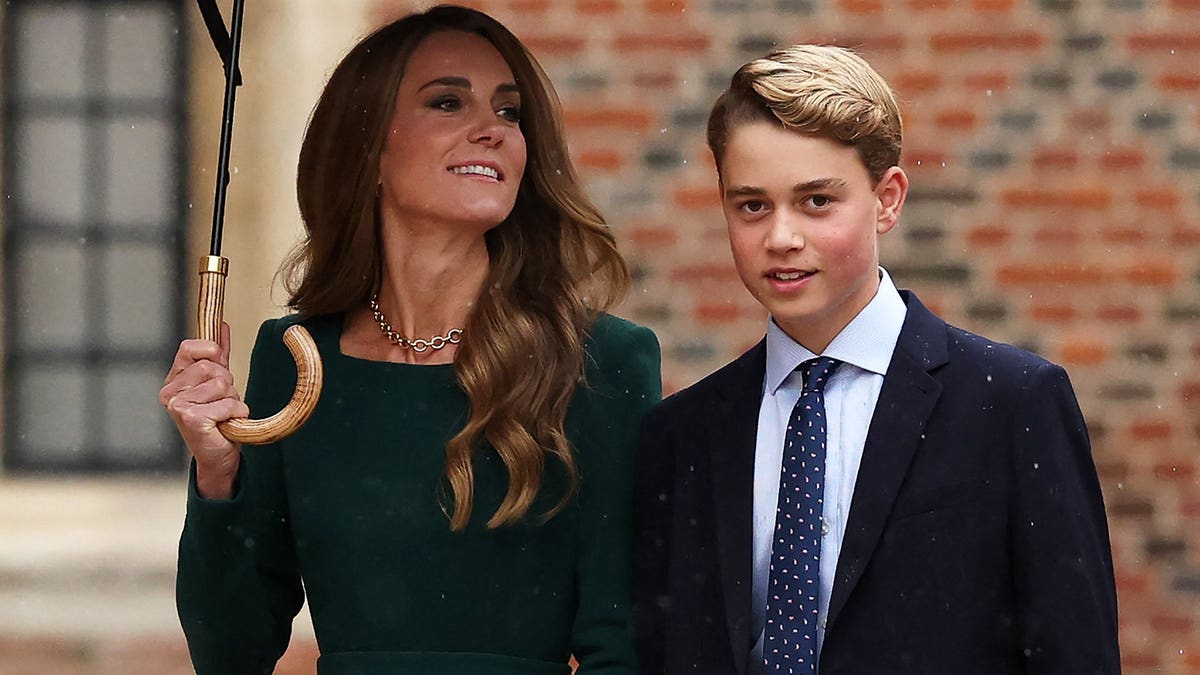 Catherine, Princess of Wales walks with Prince George of Wales at Eton College.