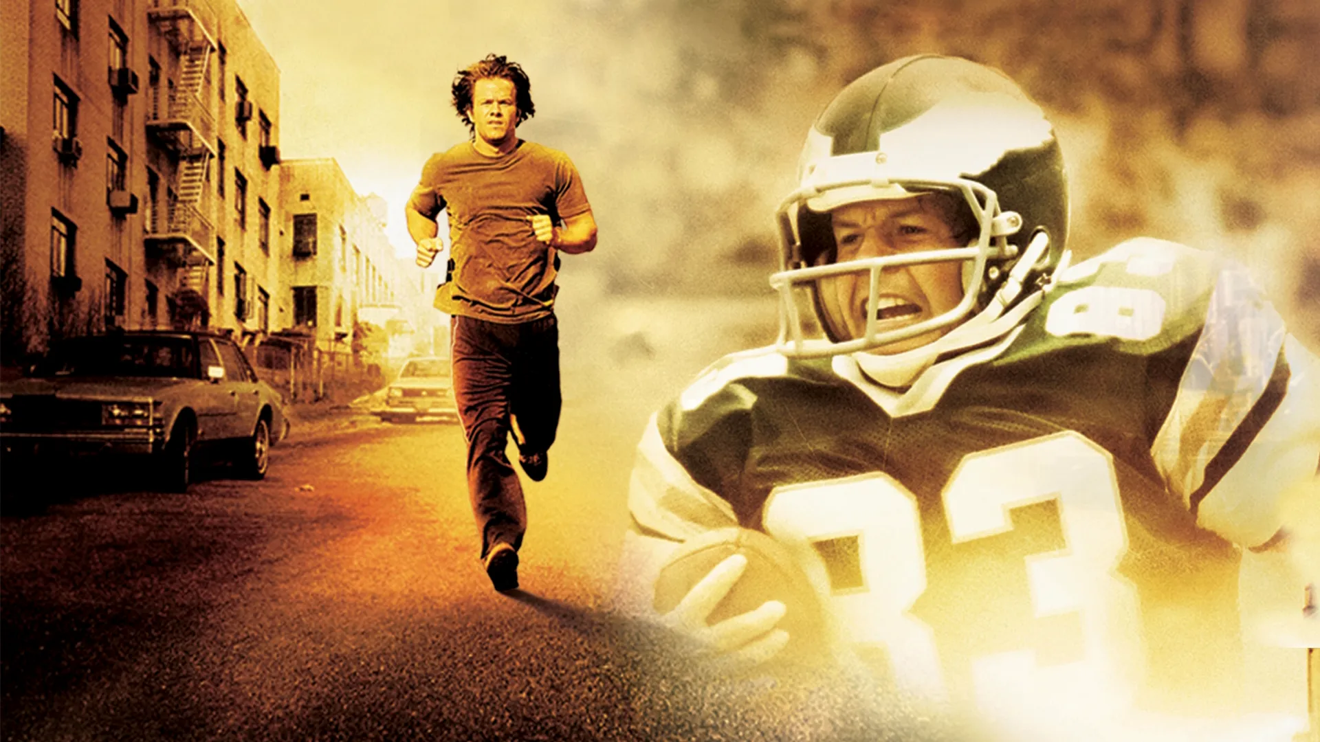 A split-image poster shows a man running down a city street on the left, juxtaposed next to a close-up of the same man wearing a green and white Philadelphia Eagles football jersey on the right.