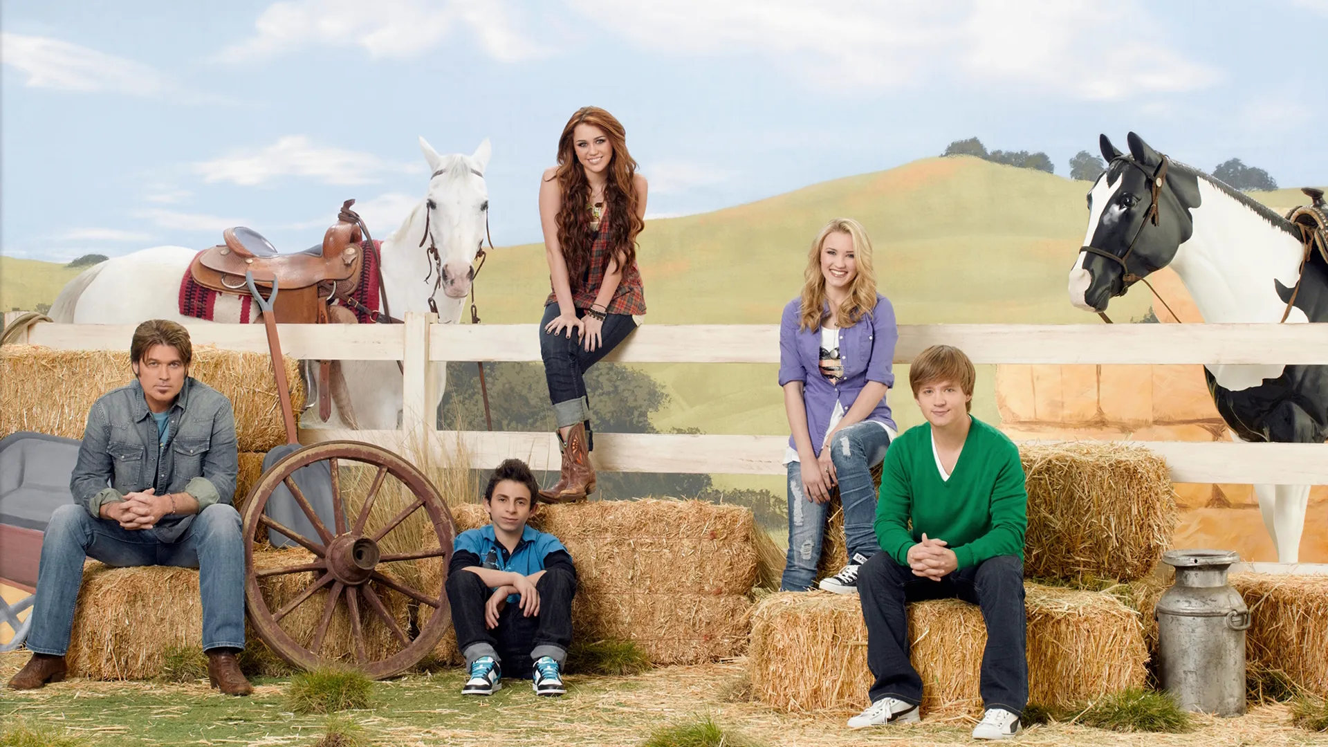 This image features the cast from the television series Hannah Montana.