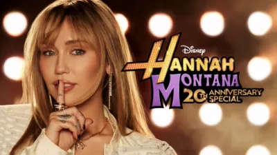 This image is a promotional poster for the upcoming "Hannah Montana" anniversary special featuring singer and actress Miley Cyrus.