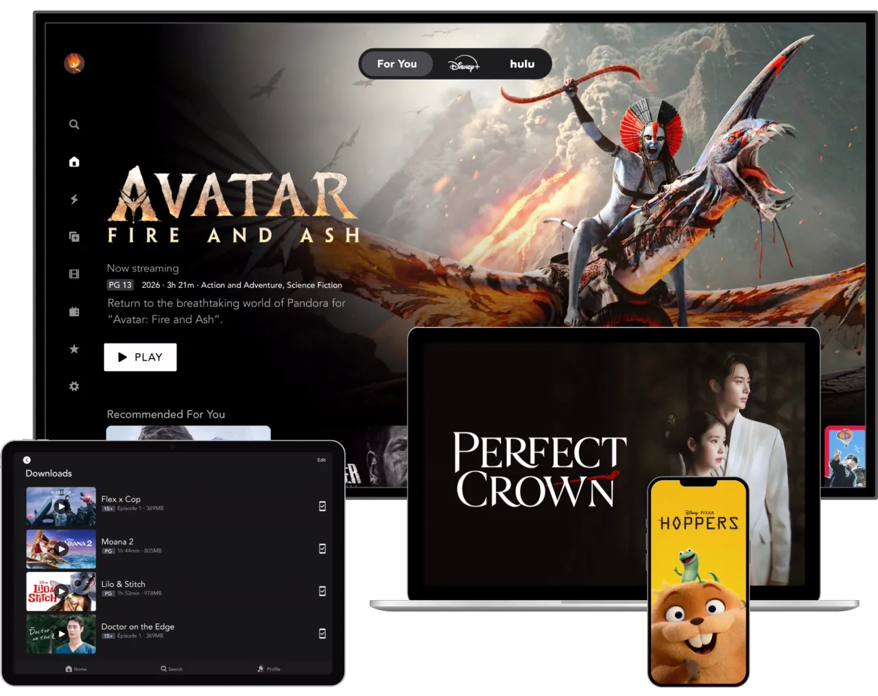 4 Devices showcasing the Disney+ product on TV, Mobile, Laptop, and Tablet