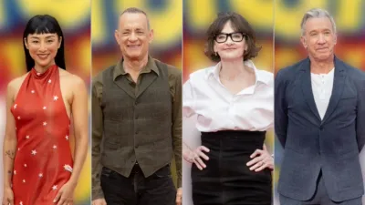 A collage of red carpet images from the Toy Story 5 premiere of Greta Lee, Tom Hanks, Joan Cusack, and Tim Allen