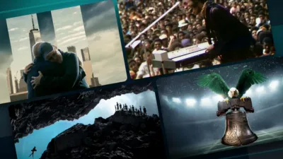 A collage of images from 9/11 Reunited, Summer of Soul, The Rescue, and 30 for 30: The Philly Special